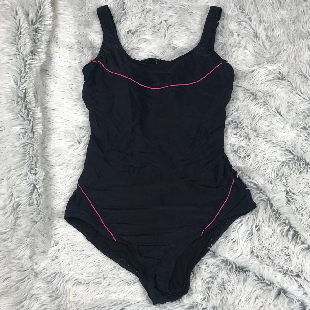 Catalina black one piece with pink piping detail